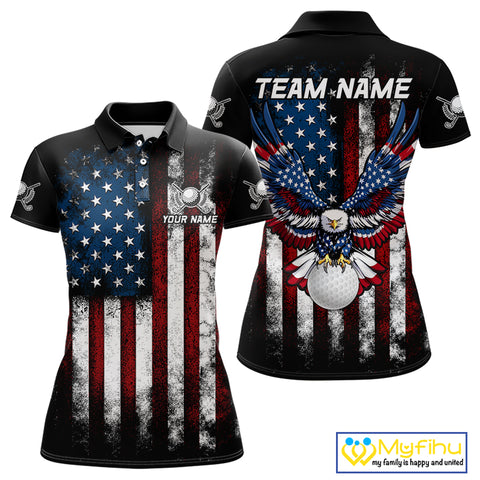 Vintage American Flag Eagle Black Golf Polo Shirts For Women Custom ladies patriotic golf shirts NQS10502