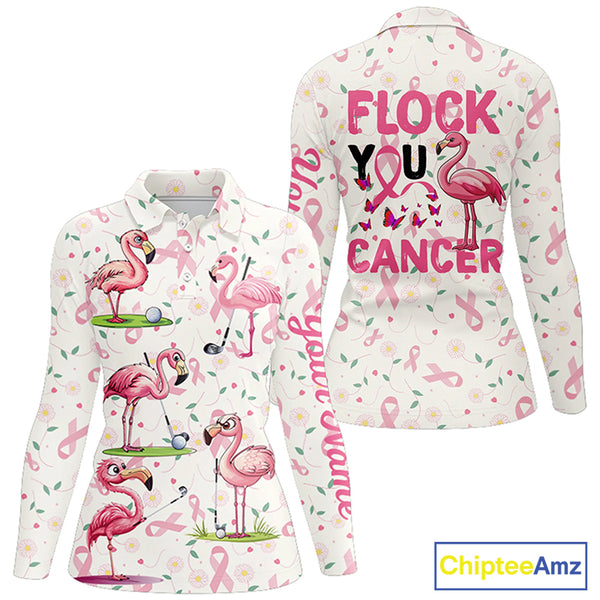 Funny Womens golf polo shirts custom pink ribbons breast cancer flamingo golf shirts flock you cancer NQS8507