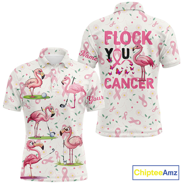 Funny Mens golf polo shirt custom pink ribbons breast cancer flamingo golf shirts flock you cancer NQS8507