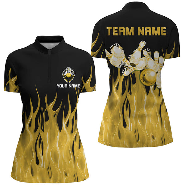 Personalized Women Polo, 1/4 Zip Bowling Shirt Yellow Flame Bowling Ball Pin bowling jersey for Bowler NQS8517