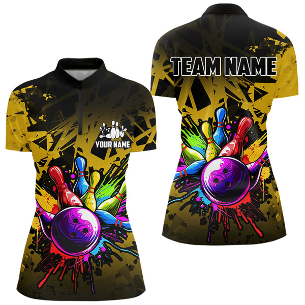 Colorful bowling jersey Polo, 1/4 Zip Shirt for Women Custom Bowling Team shirts for bowler| Yellow NQS9728
