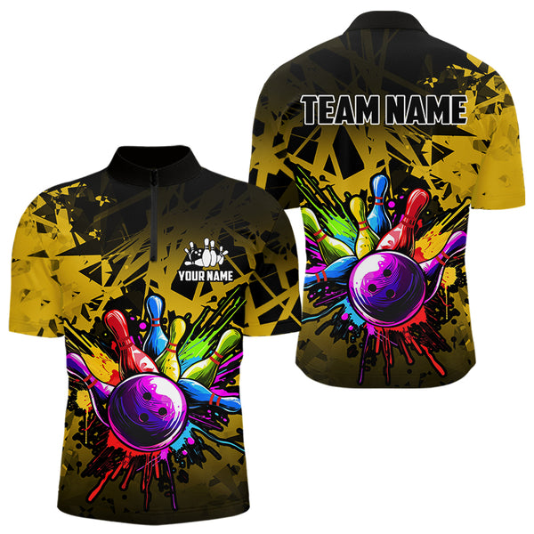 Colorful bowling jerseys Polo, 1/4 Zip Shirt for Men Custom Bowling Team shirts for bowler | Yellow NQS9728