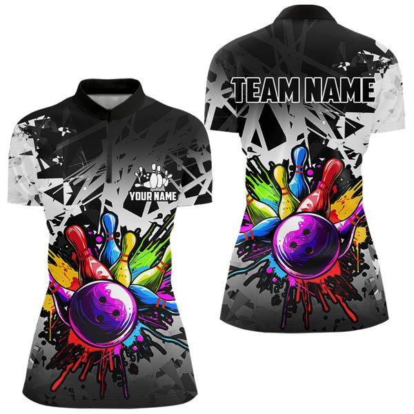 Colorful bowling jersey Polo, 1/4 Zip Shirt for Women Custom Bowling Team shirts for bowler| White NQS9729