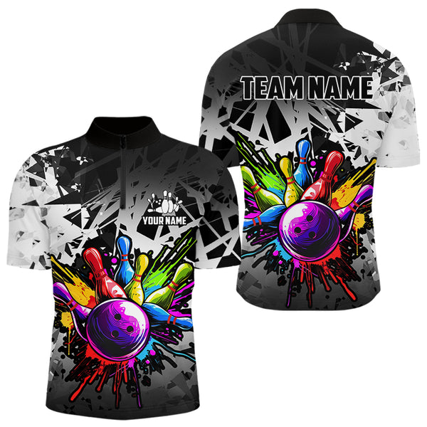 Colorful bowling jerseys Polo, 1/4 Zip Shirt for Men Custom Bowling Team shirts for bowler | White NQS9729