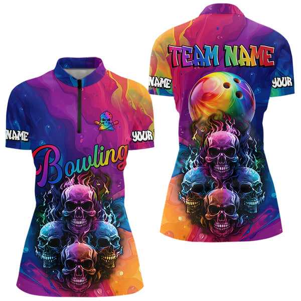 Colorful Rainbow Flame Skull Bowling Polo, Quarter Zip Shirts for Women Custom Bowling Team Jerseys NQS9731