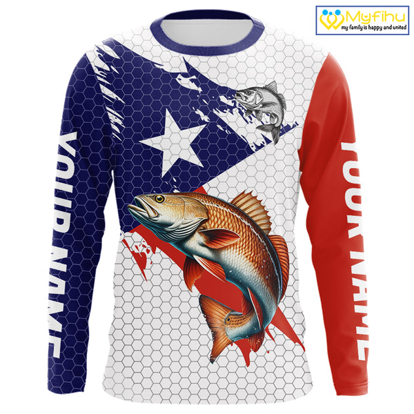 Red, White and Blue Texas Flag Redfish Fishing custom Redfish long sleeves performance fishing shirts NQS10001