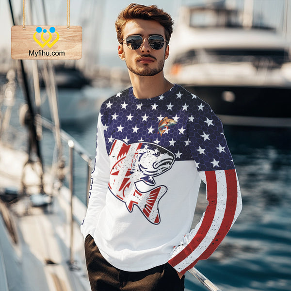 Red, White and Blue American Flag Redfish Fishing custom patriotic Redfish performance fishing shirts NQS10002