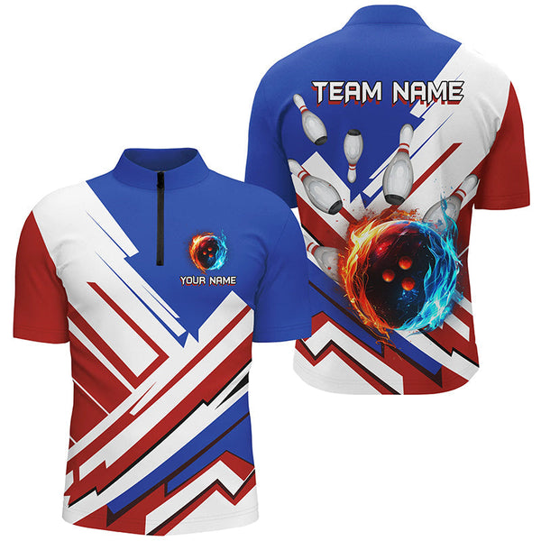 Red, White and Blue Flame Bowling Polo, Quarter Zip Shirts for Men Custom bowling team jerseys NQS7879