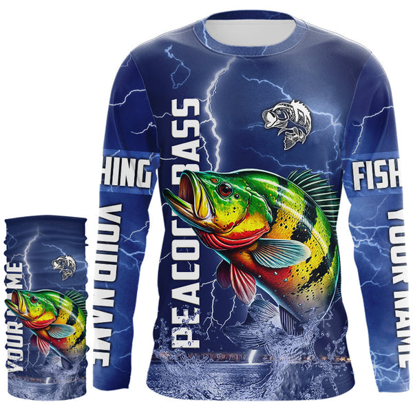 Peacock Bass Fishing blue lightning jerseys custom performance Long Sleeve tournament fishing shirts NQS9237