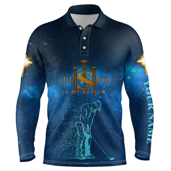 Mens golf polo shirts custom Jesus is my savior easter golf wear for mens, golfer gifts | Blue NQS5021