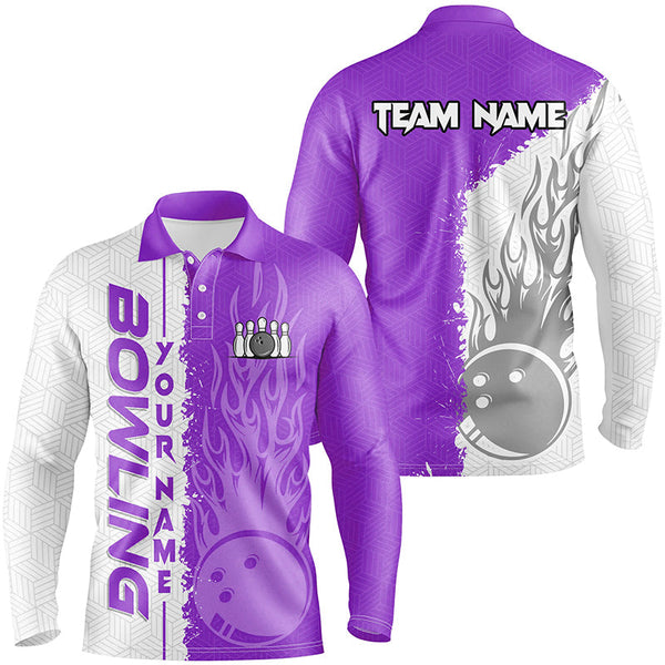Mens Bowling polo shirts Custom white & purple flame Bowling ball and pins bowling Team league Jerseys NQS7329