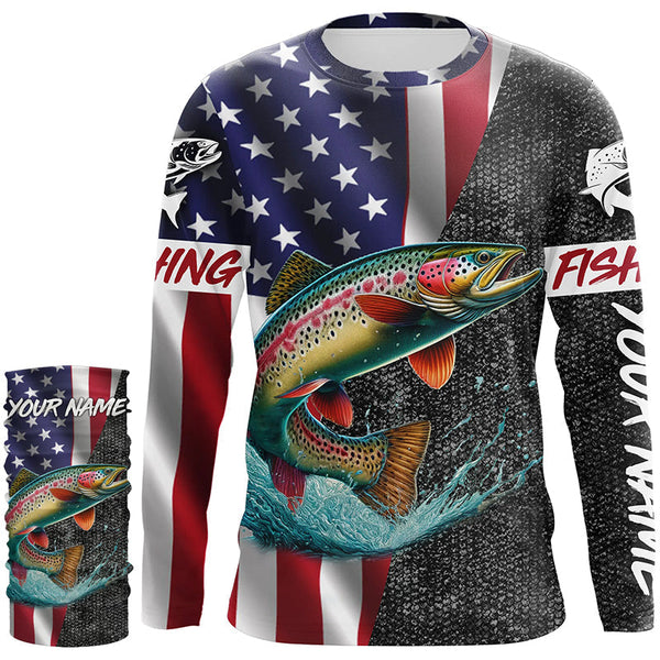 American Flag Rainbow trout Fishing Custom long sleeve performance Fishing Shirt, Trout Fishing jersey NQS7884