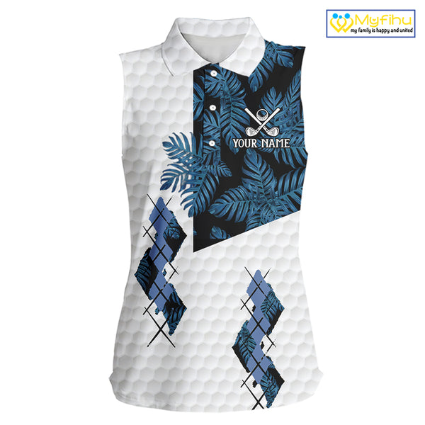 Blue tropical argyle pattern white golf polos shirts for men custom mens golf top, best golf gifts NQS10303