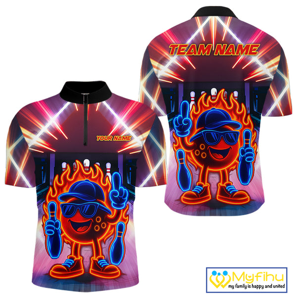Funny Flame Neon Bowling Ball Mens Bowling Polo, Quarter Zip Shirts Custom Bowling Team jersey NQS10306