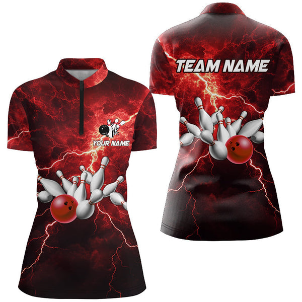 Women bowling shirts Custom red lightning thunder Bowling Team Jersey, gift for team Bowlers NQS8533