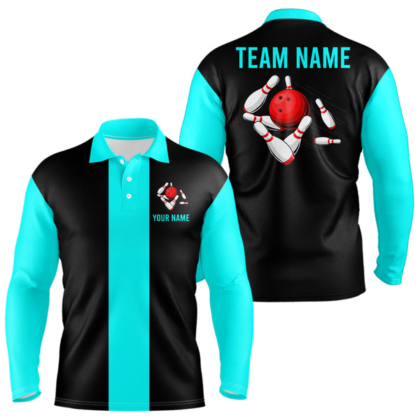 Personalized Cyan Blue and Black Retro Bowling Shirts For Men custom vintage bowling team jerseys NQS9599
