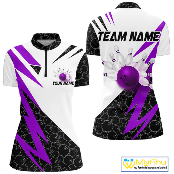 Black & White Bowling Polo, Quarter Zip Shirt for Women Custom Lightning Team bowling jersey | Purple NQS10003