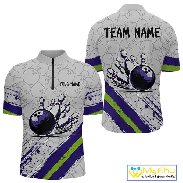 Purple and Green Bowling Camo Polo, 1/4 Zip Shirt for Men Custom Team bowling jersey gift for bowlers NQS10008
