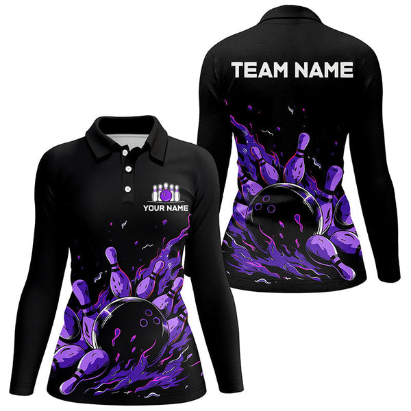 Purple Flame Fire Women bowling Polo, Quarter Zip shirts custom bowling team shirts, bowling gifts NQS7902
