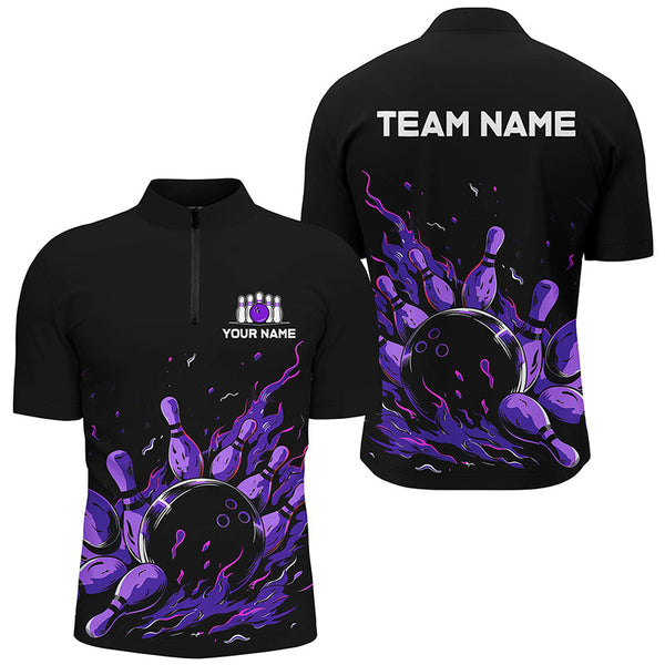 Purple Flame Fire Men's bowling Polo, Quarter Zip shirts custom bowling team shirts, bowling gifts NQS7902