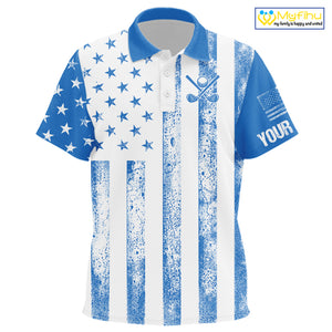 Personalized Blue & White American Flag Retro Kid golf polo shirt Custom Patriotic Kid golf top NQS10308