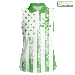 Personalized Green & White American Flag Retro Women sleeveless polo shirt Patriotic laies golf top NQS10309