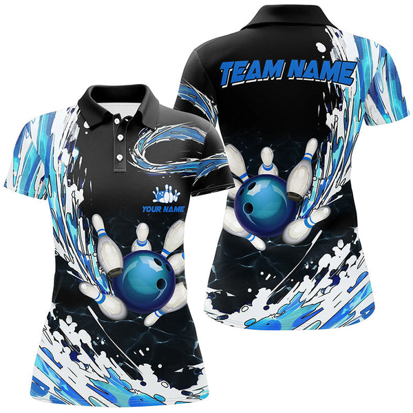 Blue Bowling Womens polo Shirts Custom bowling ball pins black bowling team league Jerseys NQS6461