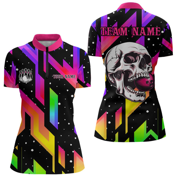 Colorful Black Skull Bowling Polo, 1/4 zip shirt for women Custom Team Bowling Jersey, gift for bowler NQS9021