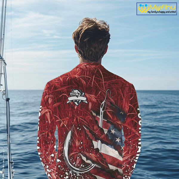 American flag fish hook red camo fishing custom sun protection performance long sleeve fishing shirt NQS10012