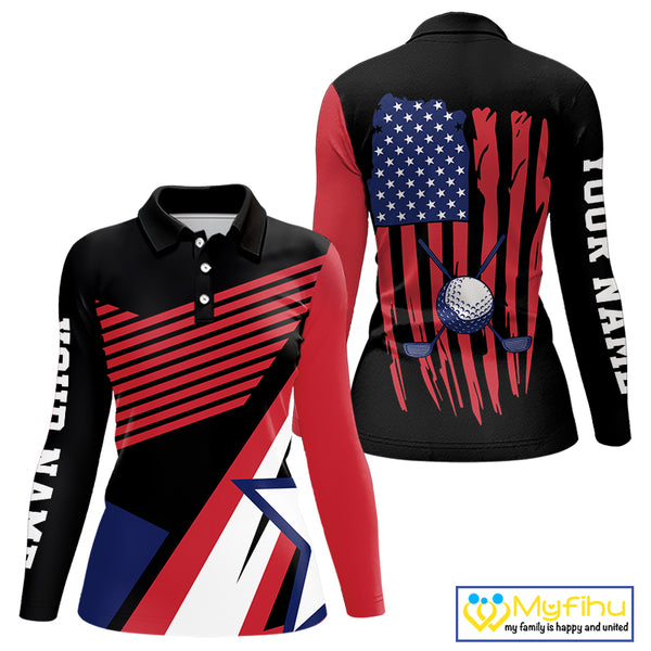 American Flag Golf polo shirts For Women custom patriotic golf top for ladies, golfing gifts | Black NQS10016