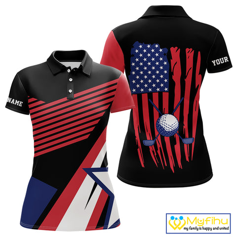 American Flag Golf polo shirts For Women custom patriotic golf top for ladies, golfing gifts | Black NQS10016