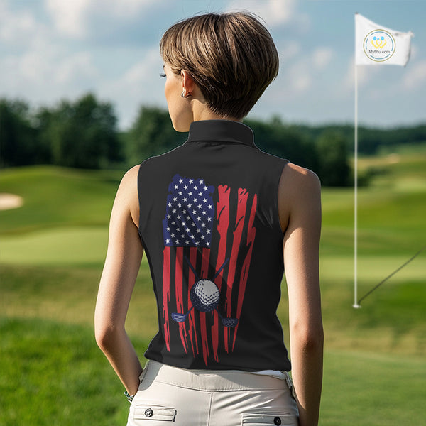 American Flag Golf Sleeveless polo shirts custom patriotic golf top for women, golfing gifts | Black NQS10016