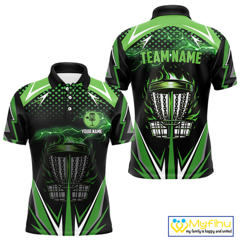 Black Mens disc golf polo shirts custom green fire lightning team disc golf jersey, unique golf gifts NQS10172