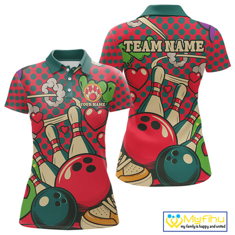Colorful Bowling Polo, Quarter Zip shirts for Women Custom vintage retro bowling team league jerseys NQS10174