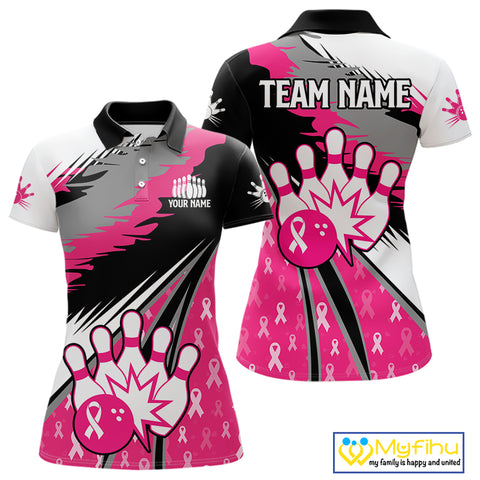 Women bowling shirts Custom pink ribbons pattern Bowling Team Jersey, Breast cancer shirt for Bowler NQS10515