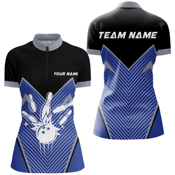 Retro Bowling Polo, Quarter Zip shirts for Women custom Bowling Team League Jerseys | Blue NQS8553