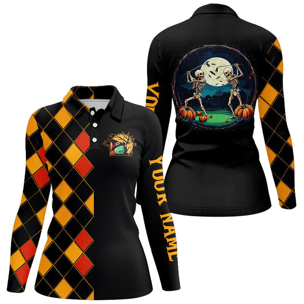 Funny Womens golf polo shirts custom black and orange argyle pattern Halloween skull golf tops NQS8555