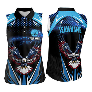 Women sleeveless polos custom Blue lightning American Flag Eagle team golf jersey, ladies golf attire NQS9265