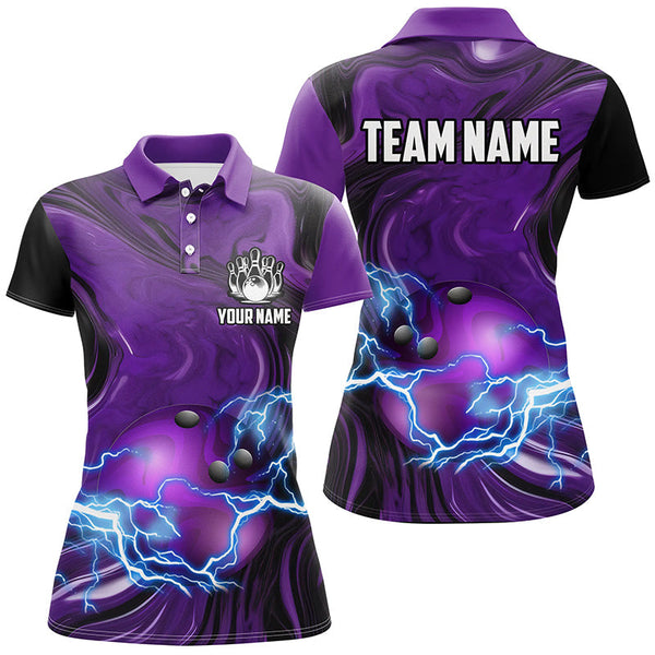 Purple Camo lightning thunder ball bowling Women Polo, Quarter Zip shirts custom bowling team jerseys NQS7930