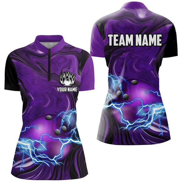 Purple Camo lightning thunder ball bowling Women Polo, Quarter Zip shirts custom bowling team jerseys NQS7930