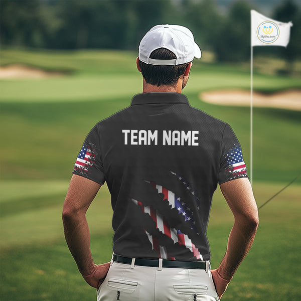 Personalized American Flag Men golf polo shirts, Custom Patriotic Golf Team Shirts For men | Black NQS10178