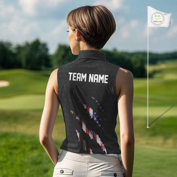 Personalized American Flag Women sleeveless polo shirt, Patriotic Golf Team Shirts For Ladies | Black NQS10178