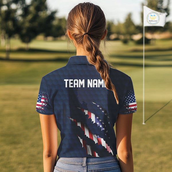 Personalized American Flag Women golf polo shirt, Patriotic Golf Team Shirts For ladies | Navy Blue NQS10179