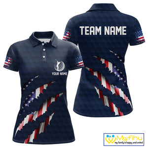 Personalized American Flag Women golf polo shirt, Patriotic Golf Team Shirts For ladies | Navy Blue NQS10179