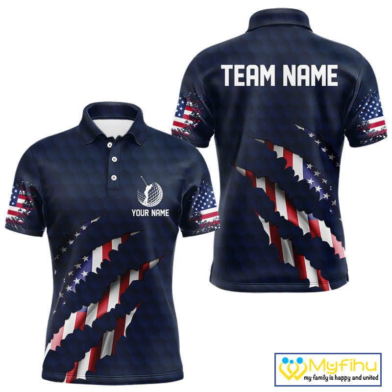 Personalized American Flag Men golf polo shirt, Custom Patriotic Golf Team Shirts For men | Navy Blue NQS10179
