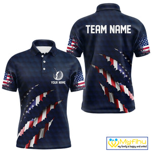 Personalized American Flag Men golf polo shirt, Custom Patriotic Golf Team Shirts For men | Navy Blue NQS10179