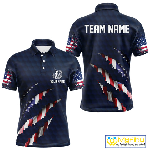 Personalized American Flag Men golf polo shirt, Custom Patriotic Golf Team Shirts For men | Navy Blue NQS10179
