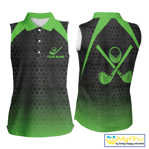 Women sleeveless polo shirt custom black and green hexagon pattern golf outfit ladies, cool golf gift NQS10318