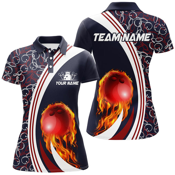Bowling Polo Shirts For Women Custom camo flame bowling ball fire Bowling Team League Jerseys | Navy NQS6716