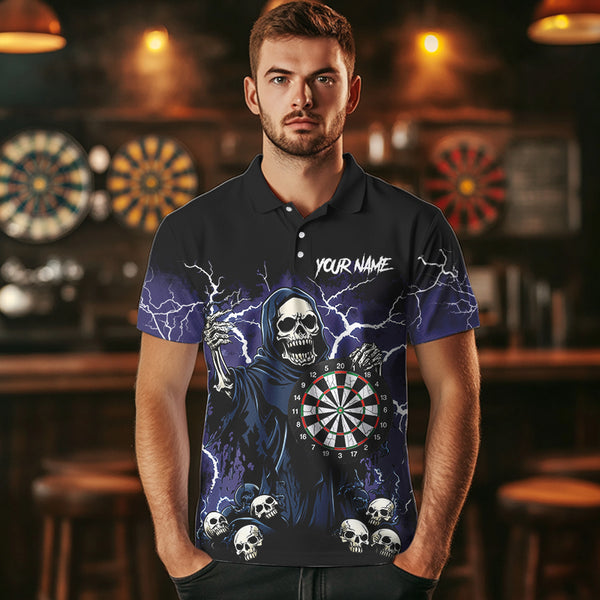 Purple Lightning Thunder Skull Darts Polo, Quarter zip Shirts For Men Custom Team Darts Jersey Outfit NQS9446